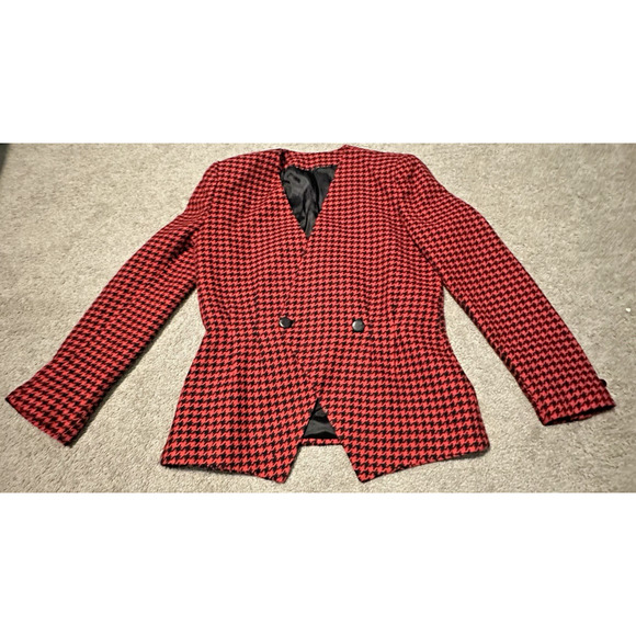 D’Angelo Women 10 Blazer Wool Houndstooth Lined V-Neck Black Red VTG - Picture 1 of 13